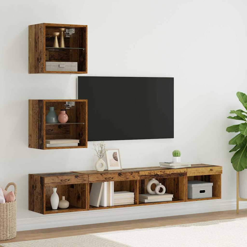 TV Wall Units with LED Lighting 5 pcs Reclaimed Wood Effect Particleboard