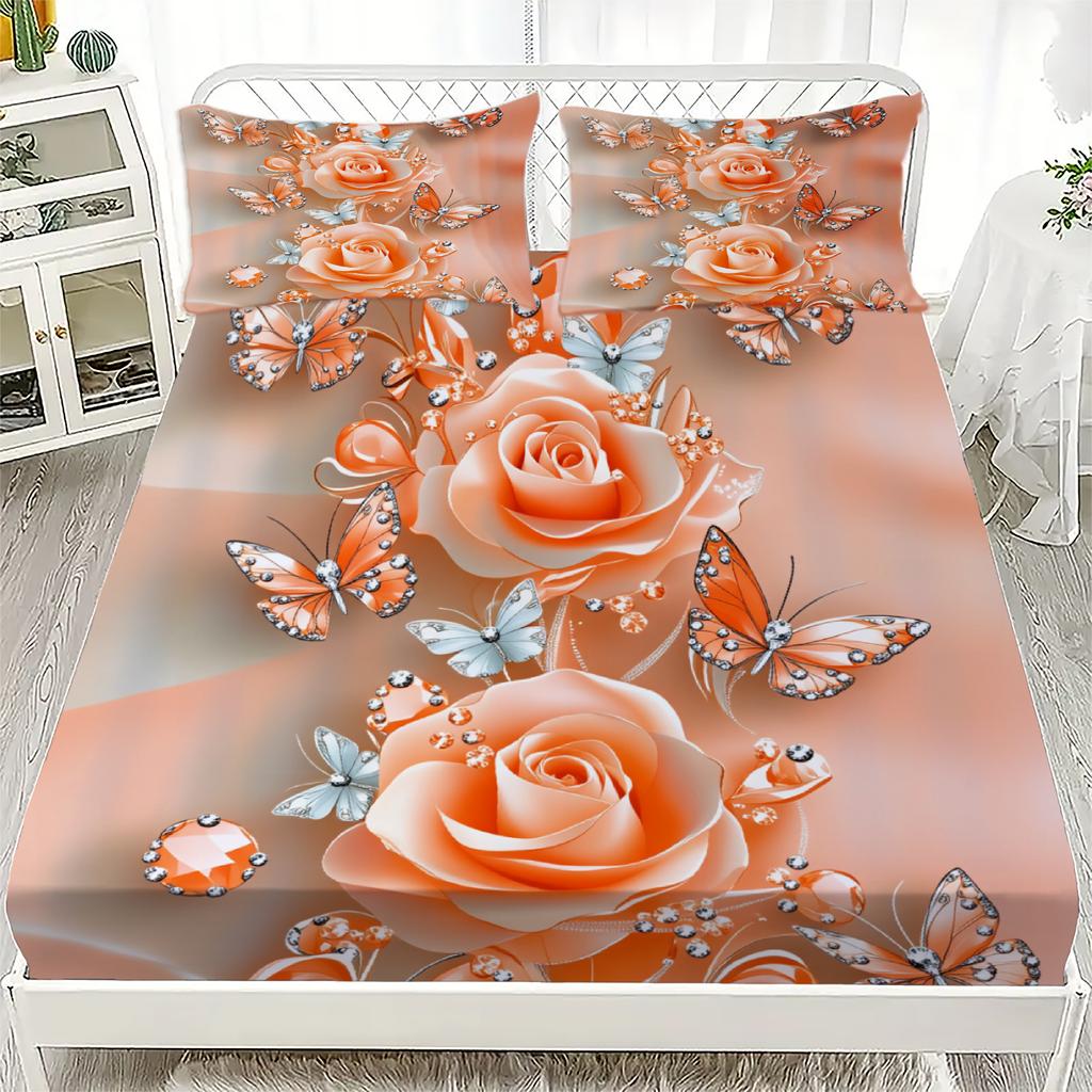 Rose And Butterfly Printed Fitted Sheet Set Peach Color Floral Design With Pillowcases For Bedroom Decor