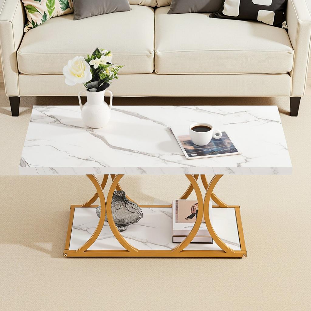 Coffee Table, Modern Faux Marble Coffee Table, Large 2-Tier Rectangle Center Desk with Geometric Legs, Minimalist Sturdy Metal Frame Accent End Desk