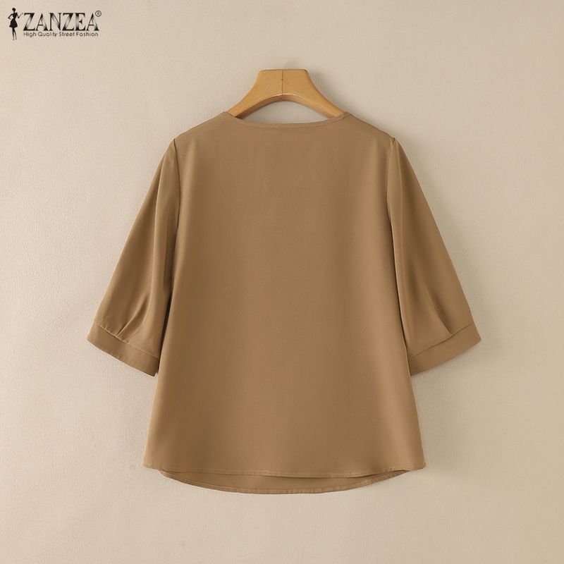 ZANZEA Women Casual Round Neck Solid Color Loose 3/4 Sleeve Blouse
