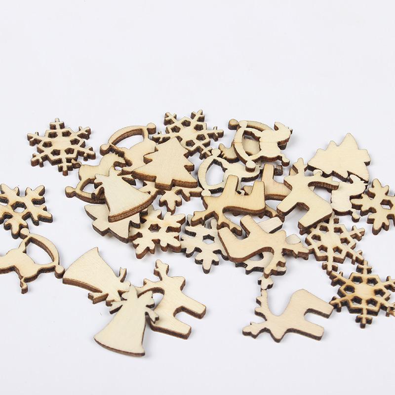 100Pcs Natural Wooden Christmas Ornaments DIY Wood Chips Xmas Tree Hanging Pendants Home Holiday Craft Gift Decoration Supplies