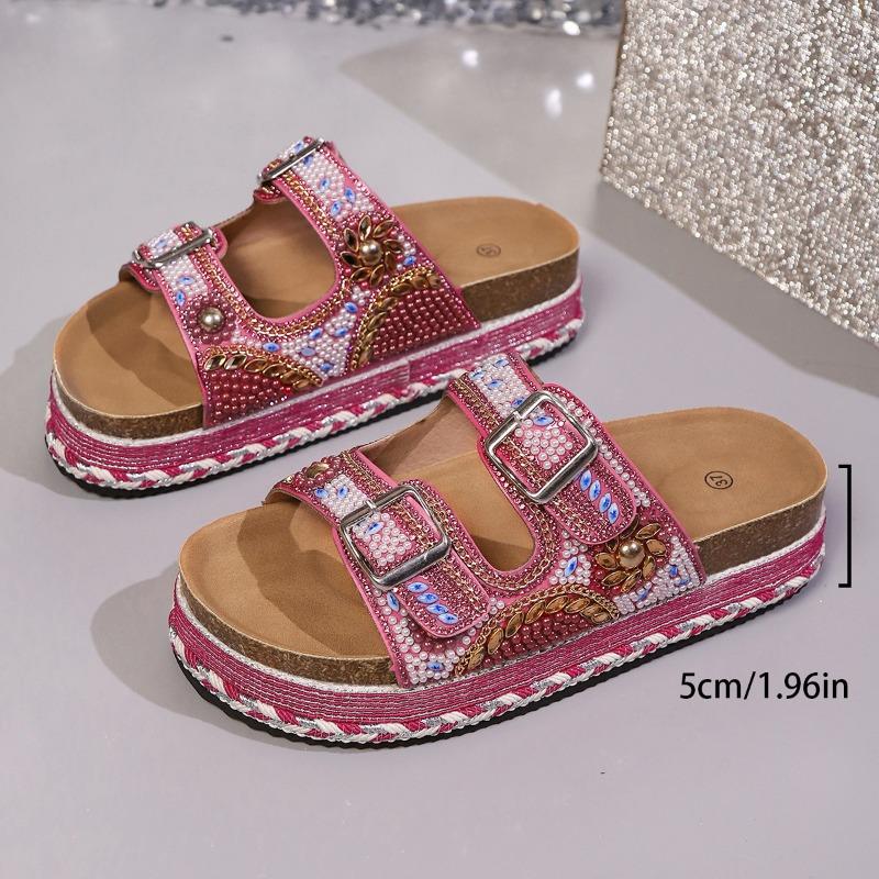 Women's Plus Size Summer Platform Chunky Sole Color Block Rhinestone Double Buckle Cork One Strap Slide Sandals