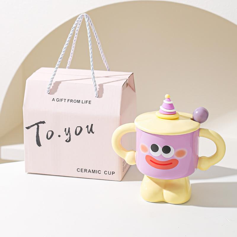 Clown ceramic cup with lid and spoon, mug, girl dormitory cup, household water cup, holiday gift for friends