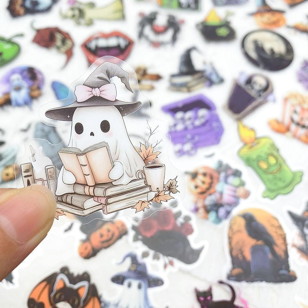 50PCS Halloween PET Stickers Holiday Horror Pumpkin Skull Eyeballs Transparent Luggage Graffiti Sticker Label Diary Stationery