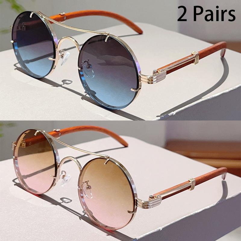 2 Pairs Vintage Round Sunglasses Men New Fashion Gradient Multicolor Casual Shades Women Luxury Design Double Bridge Sun Glasses