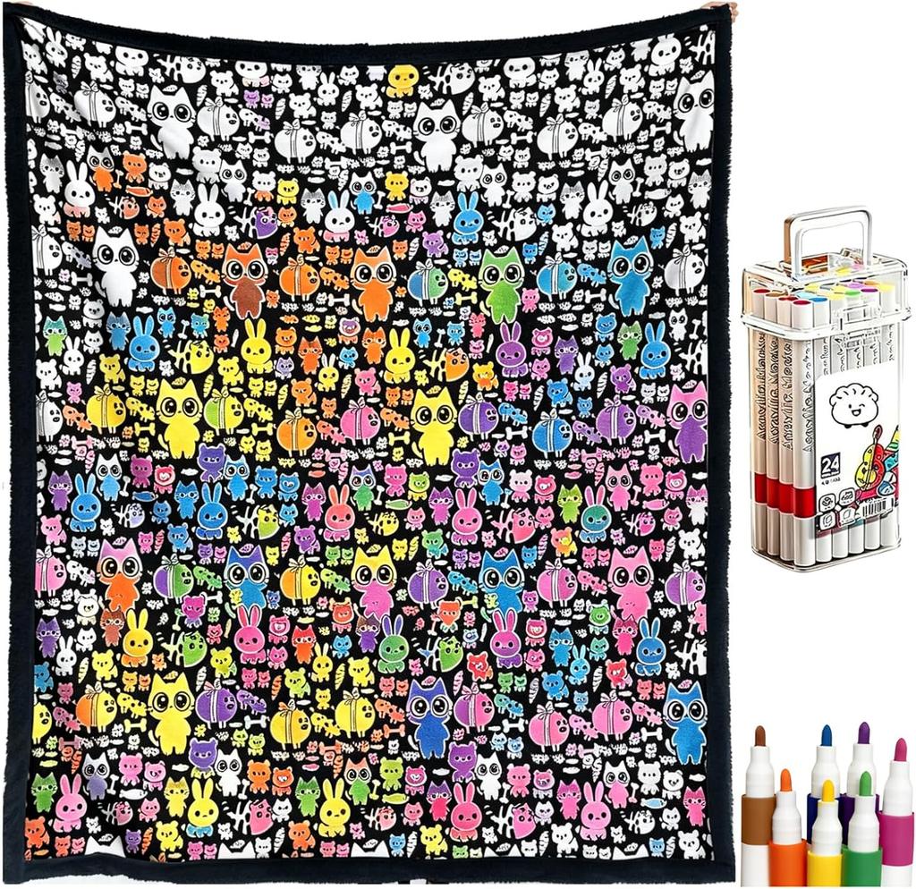 DIY Coloring Blanket 50 x 60 Inch with 24 Washable Markers Soft Cotton Blend Reusable Fabric Throw for Adults Creative Stress Relief Gift