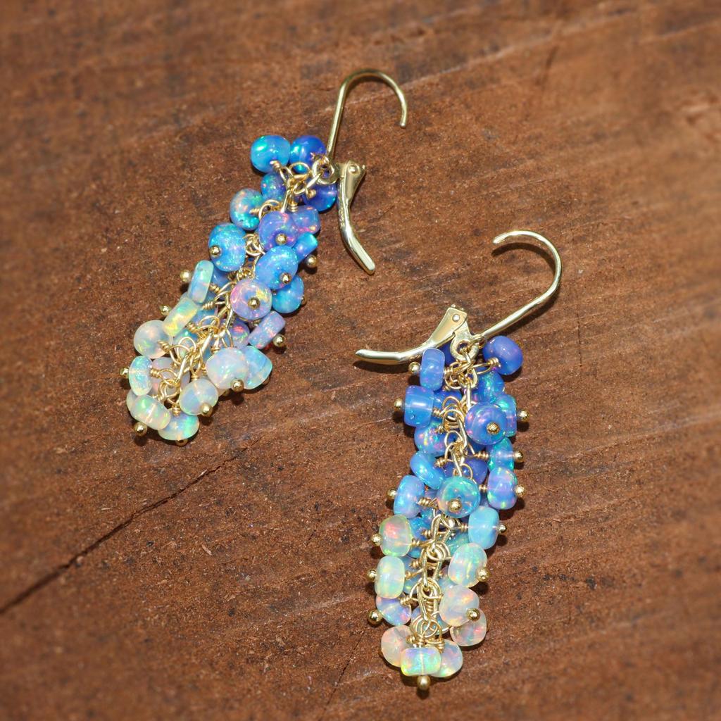 Multifire Blue Opal Cluster Earring, Fire Opal Beads Dangle Earring, Natural Opal Beaded Earring, Birthstone Jewelry for Women, Gift for Her