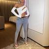 European and American Women's Crop Exposed Spicy Girl Slim Fit Long Sleeved Off Shoulder Solid Color Top