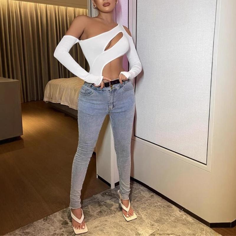 Europäische und amerikanische Damen Crop Top mit ausgestelltem, würzigem Mädchen-Schlankschnitt, langärmelig, schulterfrei, einfarbig