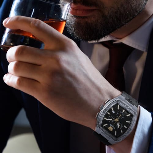 VERSACE Men's V-sporty Tonn.Greca Watch (VESP00324) with Quartz Movement, Water Resistant, Sapphire Crystal, Black Dial, and Stainless Steel.