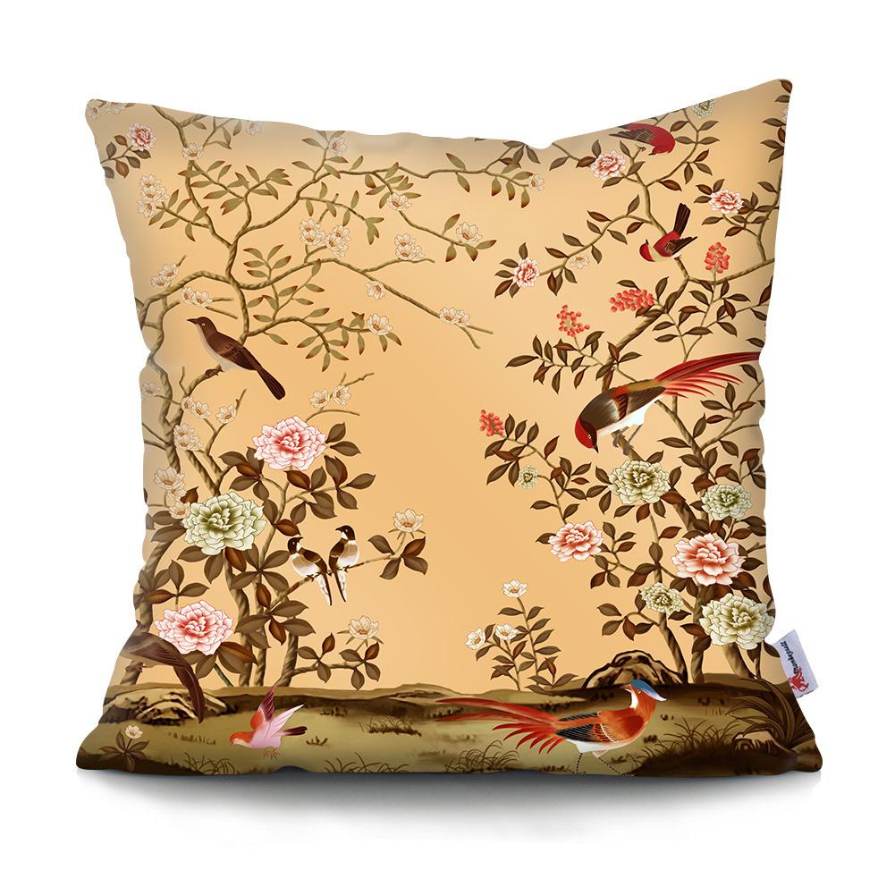 Square Chinese Landscape Painting Cushion Cover Vintage Plum Blossom Pillowcase