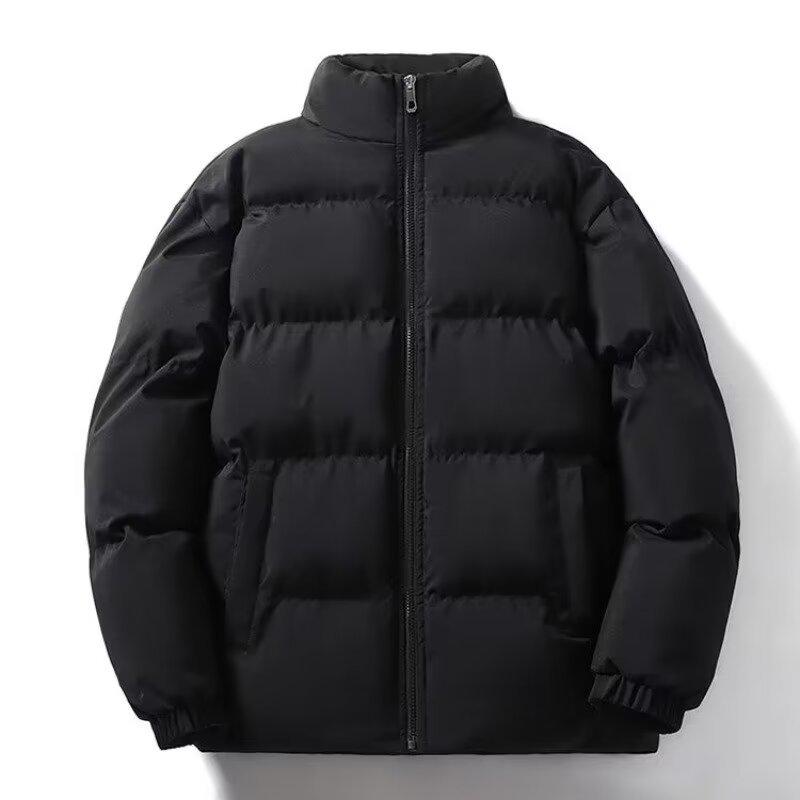 Unisex Solid Color Stand Collar Cotton Puffer Jacket - American Style, Loose, Warm, Trendy Autumn/Winter Coat