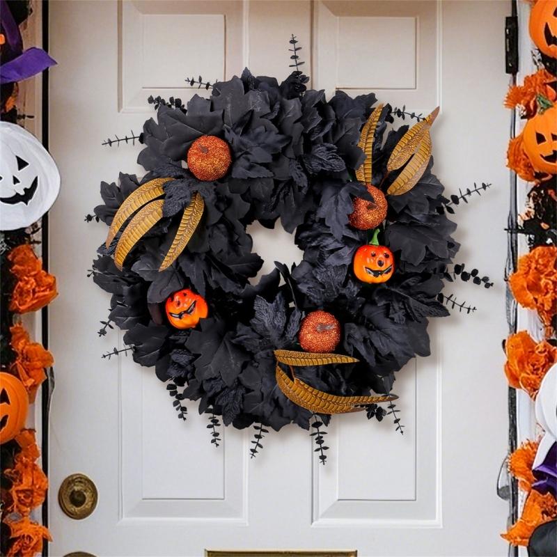 Eerie Season Artificial Black Maple Leaf And Pumpkins Wreath Weather Proof Halloween Door Hanger For Indoor Outdoor Use