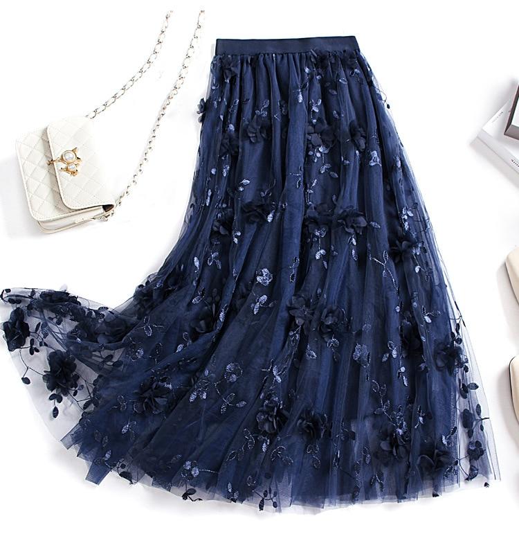 Luxus Frau Röcke Koreanischen Stil, Mode, Elastische Taille Applikationen Stickerei Floral Mesh Rock Lange Gaze Ballkleid Rock