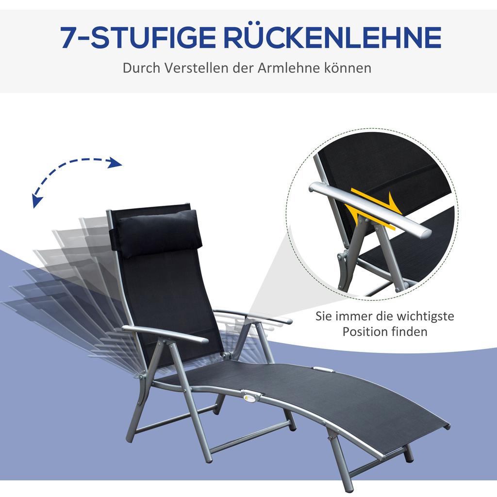 Sun Lounger Foldable Beach Lounger with Cushion Lounge Chair with 7-Level Adjustable Backrest Garden Lounger Recliner Garden Chair up to 165 kg Load