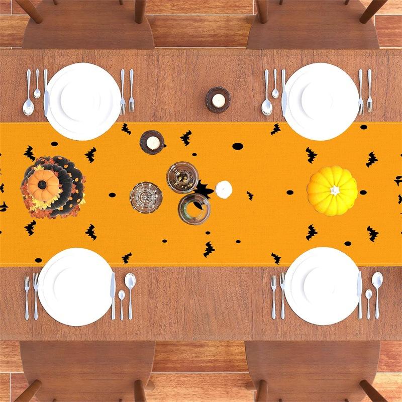 1pc Orenge Halloween Table Runner with Pumpkin Bat Pattern Dustproof Durable Tablecloth for Halloween Themed Party Decoration