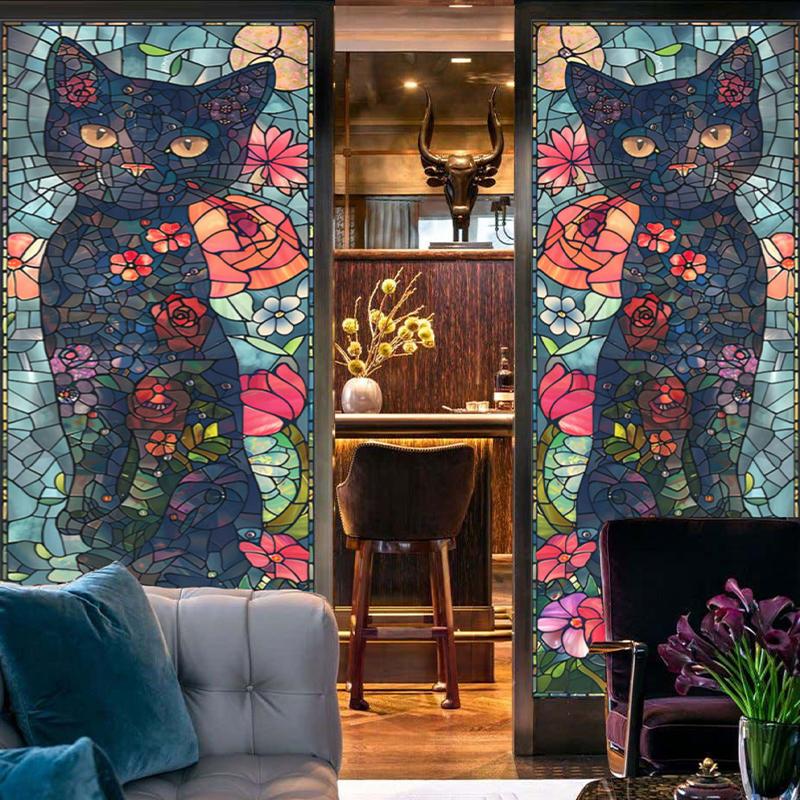 European Retro Church Window Film Self-Adhesive Creative Cat Art Painting Stained Glass Film Home Decor Privacy Stickers