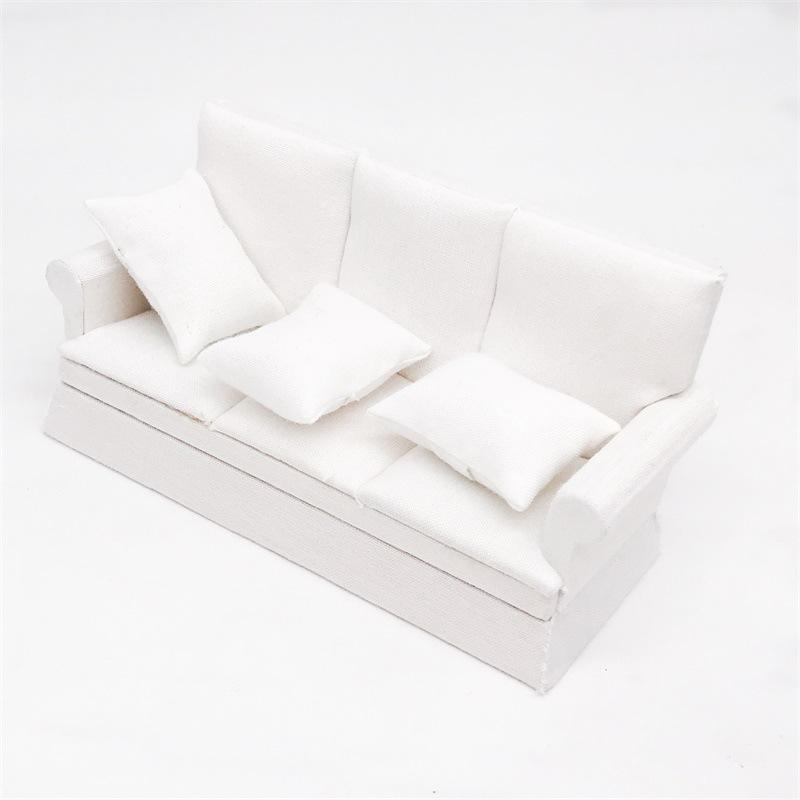 1:12 Miniature Three-Seat Dollhouse Sofa with Throw Pillows