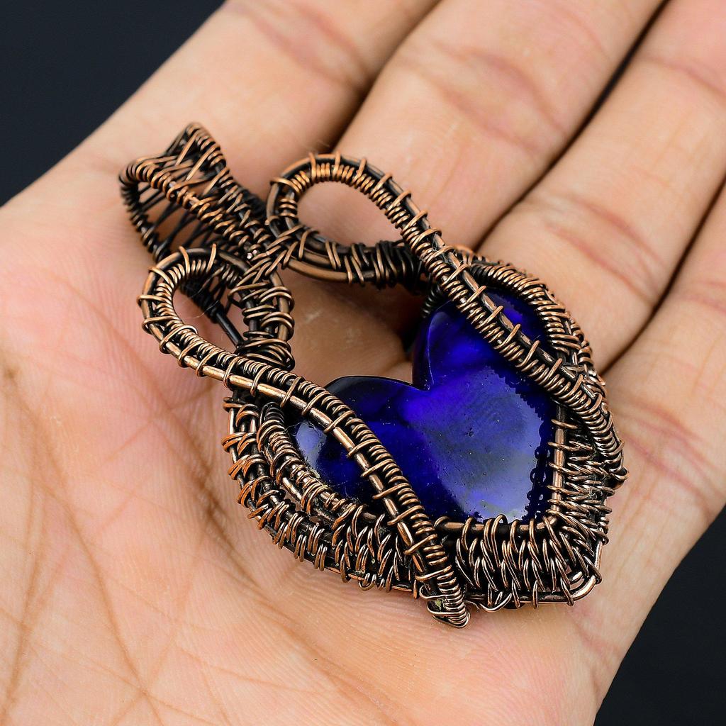 Heart Shaped Blue Flash Labradorite Gemstone Copper Wire Wrapped Handmade Jewelry Pendant