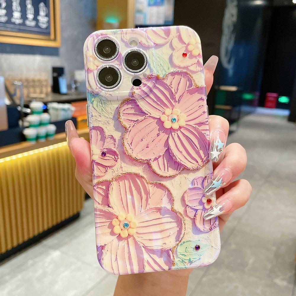Fashion Blue Pink Purple flowers Pattern Phone Case with lens protective film For iphone 15 14 13 12 Pro Max 11 15plus 12pro Soft silicone Back Cover