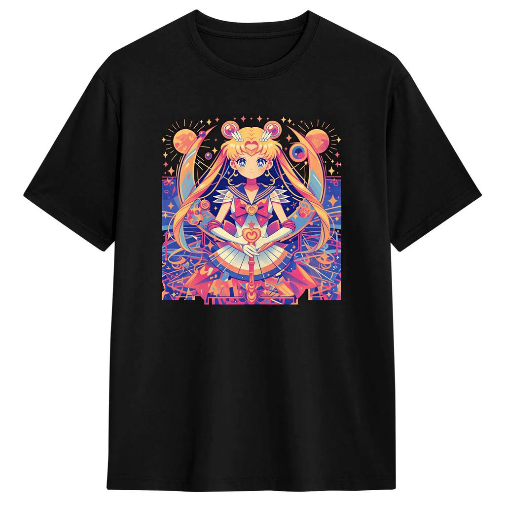 Men's T-Shirts Moon Girl Moon Magic Attack Vintage Pure Cotton Tee Shirt Short Sleeve T Shirts Crew Neck Clothes Graphic