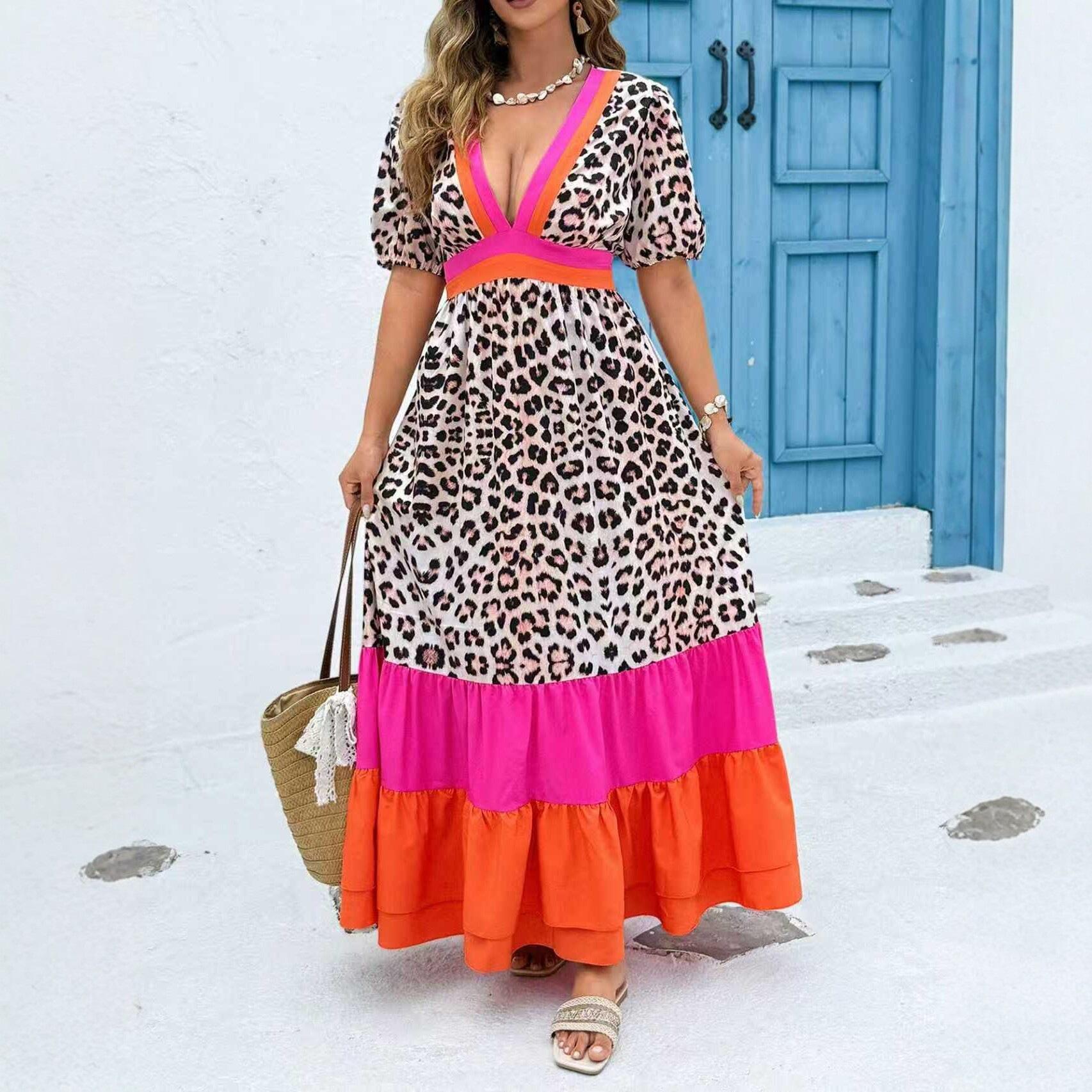 Women Waist Cinched V Neck Leopard Print Patchwork Fashion Midi Casual Dress 0XL
