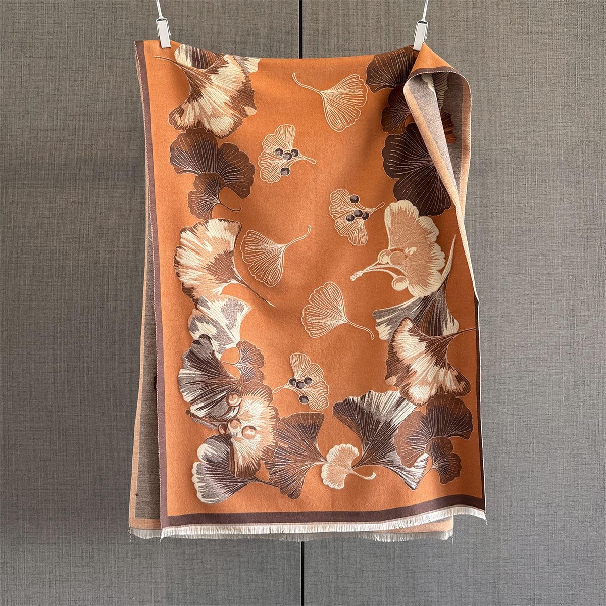 

Autumn and winter new ginkgo biloba jacquard imitation cashmere scarf women s thickened warm neck protection with dual-purpose scarf 192*65cm