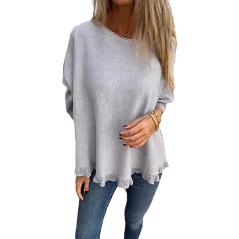 Jesienno-zimowa luźna bluzka z długim rękawem z koronką Mulle i dzianinowym dołem