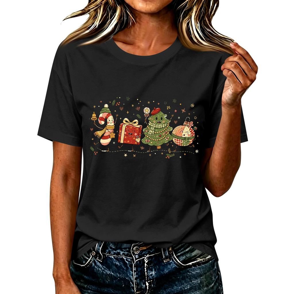 Women's Casual Christmas Printed Short Sleeve T-Shirt with Festive Holiday Design
