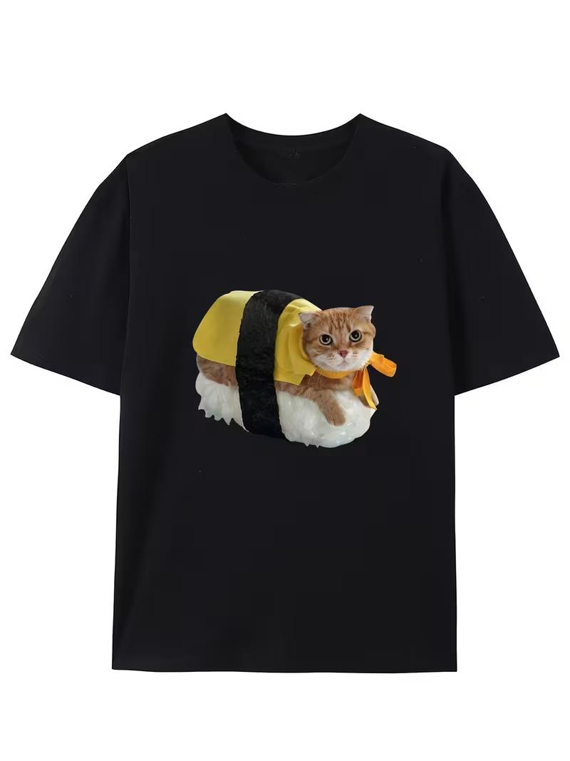 

Sushi Cat Print Tshirt Playful Illustratio Oversized Round Neck Short Sleeve Creative Funny Loose Fit Unisex Summer Top S