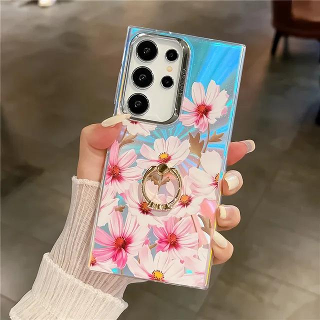 Diamond Ring Phone Holder Raser Case for Samsung A25 A54 A55 A15 A35 A14 A34 S24 Plus S22 Ultra S23 FE Flower Leaf Bling Cover