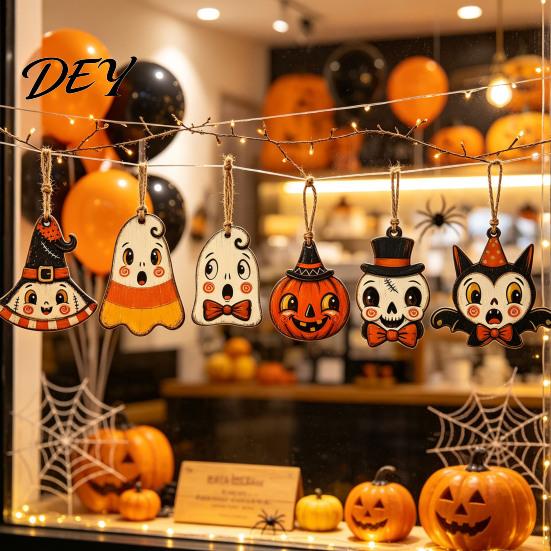 Holz Halloween Wanddekorationen 6 Stück Vintage Ornamente für Baumdekorationen, Schwarze Katze Kürbis Ausschnitt Natürliches Juteseil Hängende Dekoration Eulen Anhänger, Retro