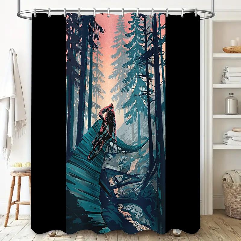 Mountain Bike Shower Curtain Nature Forest Scenic Outdoor Adventure Sports Gym Decor Waterproof Bathroom Fabric