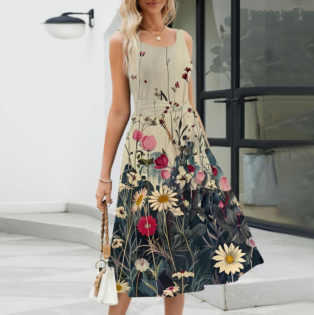 Summer Dresses For Women 2024 Beach Loose Round Neck Sleeveless Midi A-Line Swing Dress Sundresses With Pockets