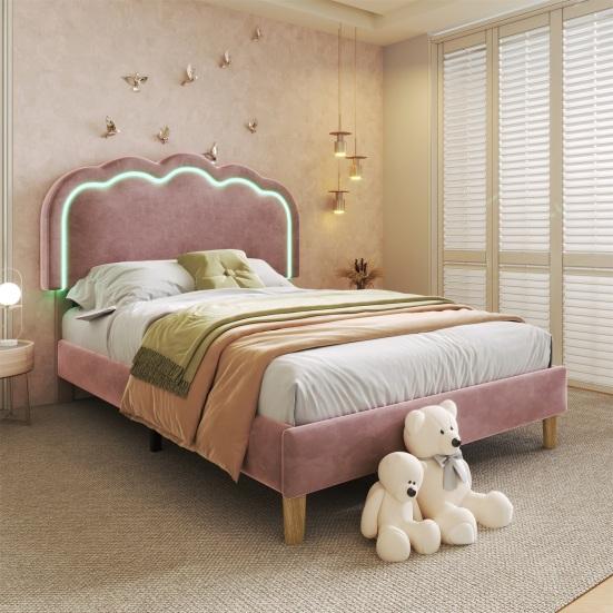Assembling Bed Frame Strong Carrying Capacity Indoor with Adjustable Headboard LED Light Wave Shape Upholstery Girl Single Bedroom Furniture