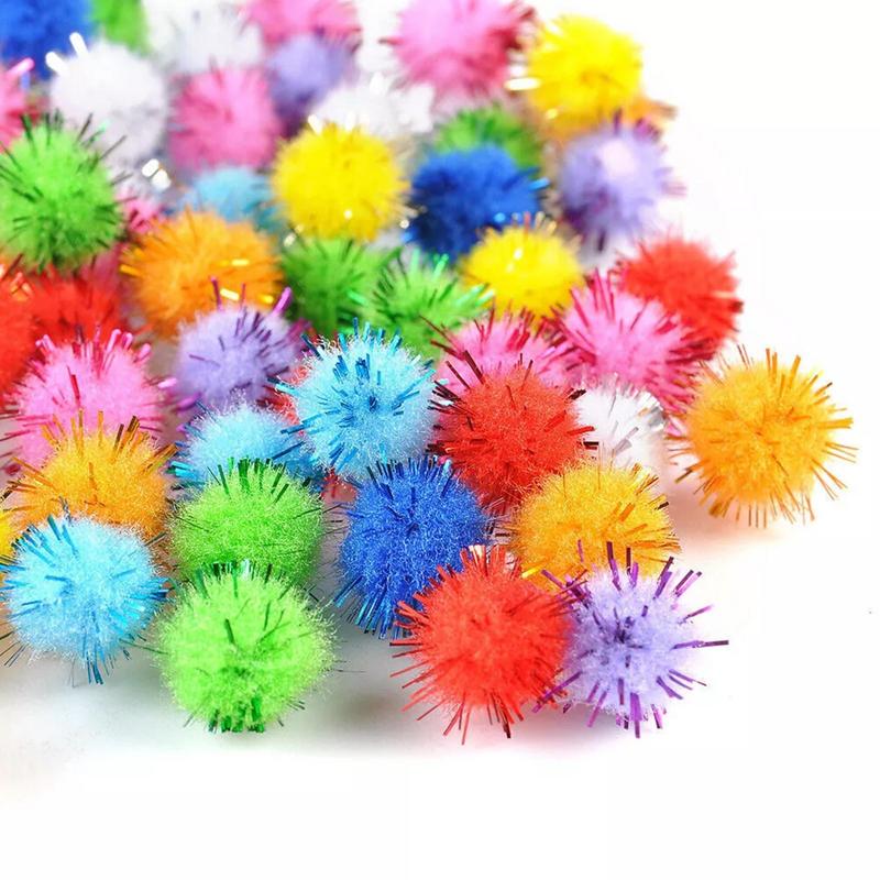 100PCS Sparkly Glitter Tinsel Pompom Balls Small Pompom Ball Cat Toys 1.5cm DIY Pompones Craft Handmade Decoration Supplies