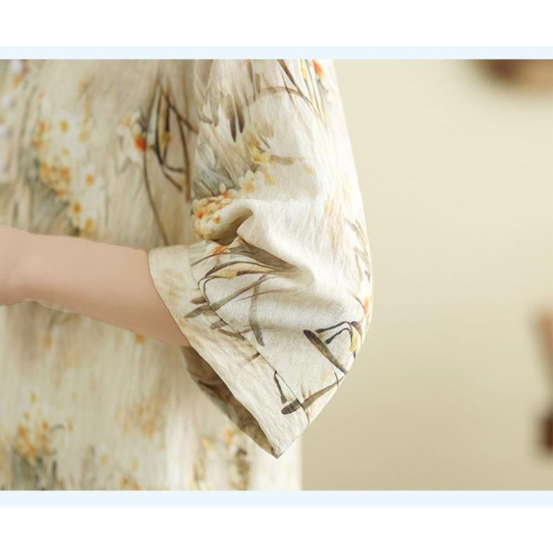 Women's Chinese Style Linen Blend Blouse Floral Print V-neck Half Sleeve Loose Casual Top
