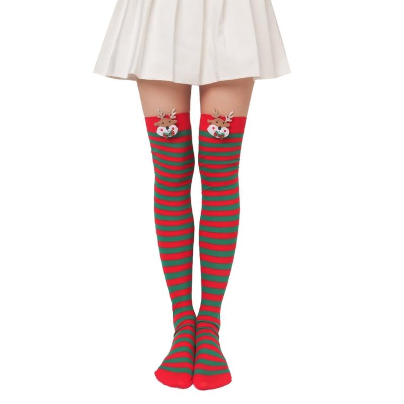 Women Christmas Silky Over Knee Long Socks Cute 3D Plush Toy Bowknot Diagonal Striped Holiday Party Thigh High Stockings