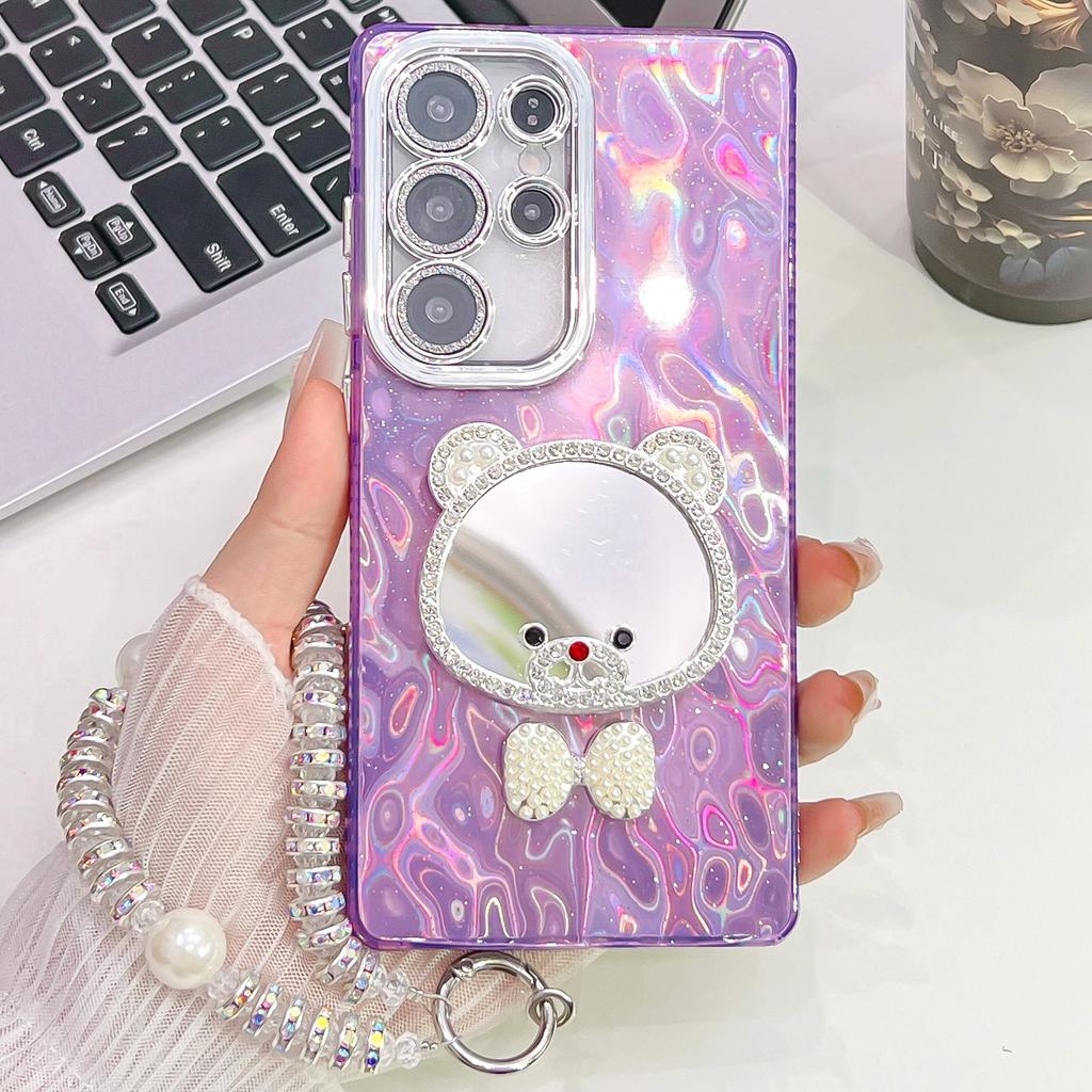 Advanced Wrinkles Suitable for Samsung S25ultra Bracelet Mobile Phone Case S24 Cartoon Mirror A56 Flash Powder Lens Film