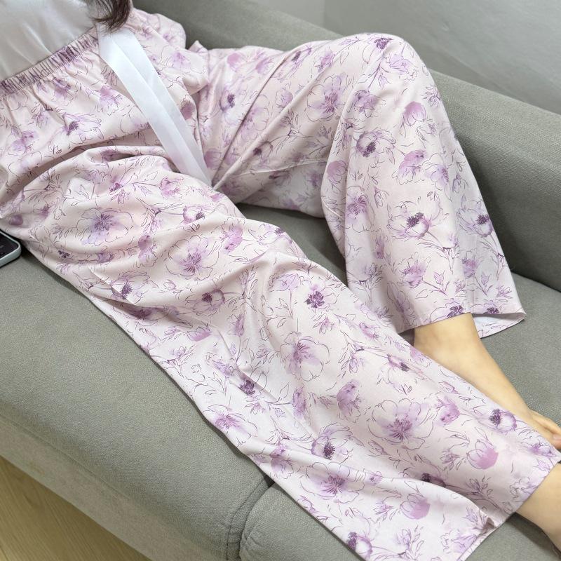 Damen-Blumen-Baumwoll-Seiden-Pyjama - Große Größen, Sommer, Leicht, Für draußen, Gerades Bein, Lockerer Schnitt