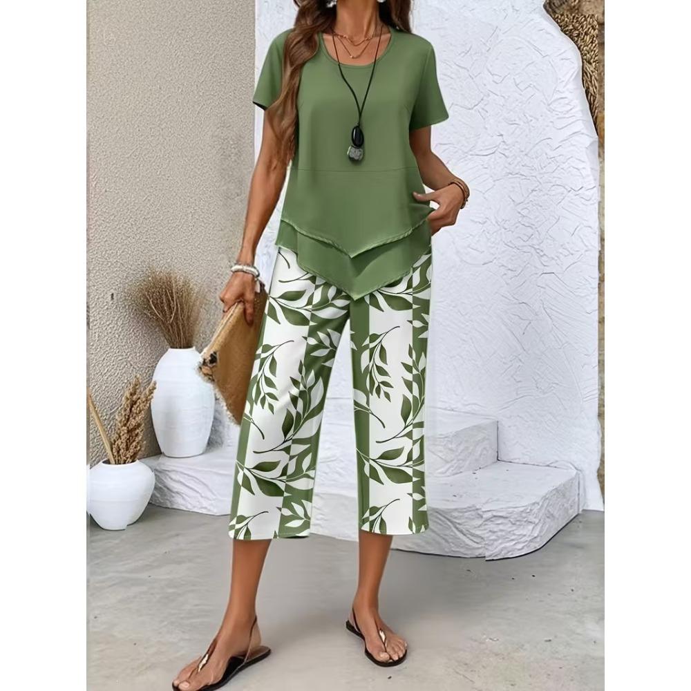 Women Summer Fashion Two Piece Set, Stylish Slimming Short Sleeve Top, High Waist Wide Leg Pants, Elegant Casual Matching Outfit