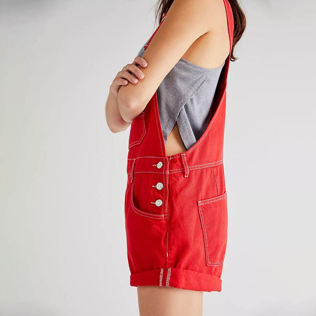 Damenmode Solide V-Ausschnitt Knopftasche Waschwasser Denim Verstellbarer kurzer Träger Jumpsuit