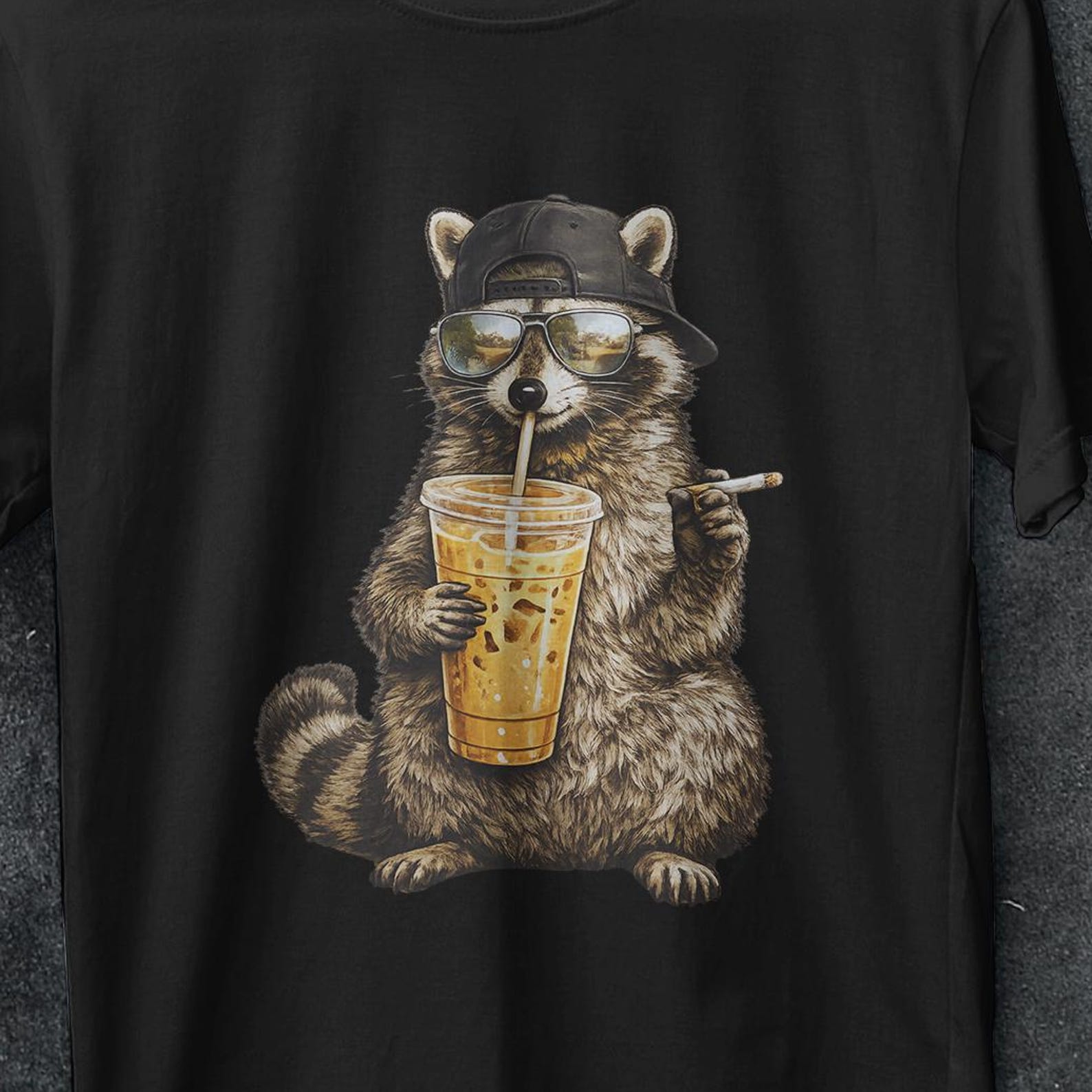Raccoon Drinking Iced Coffee Shirt, Coffee Lover Shirt, Raccoon Coffee Shirt, Animal Lover Gifts, Iced Coffee Raccoon, Raccon shirt, gifts S