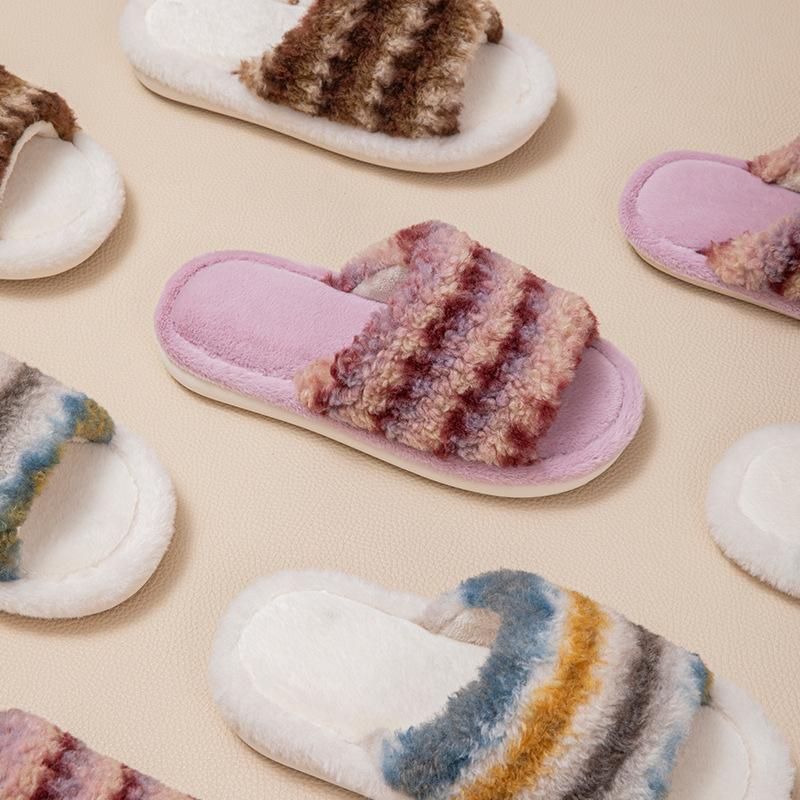 Contrast color striped open cotton slippers ins fluffy slippers comfortable design home plush mop