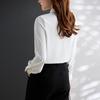 Women Shirt Stand Collar Lace-up Bowknot Long Sleeve Pleated Pullover Tops Solid