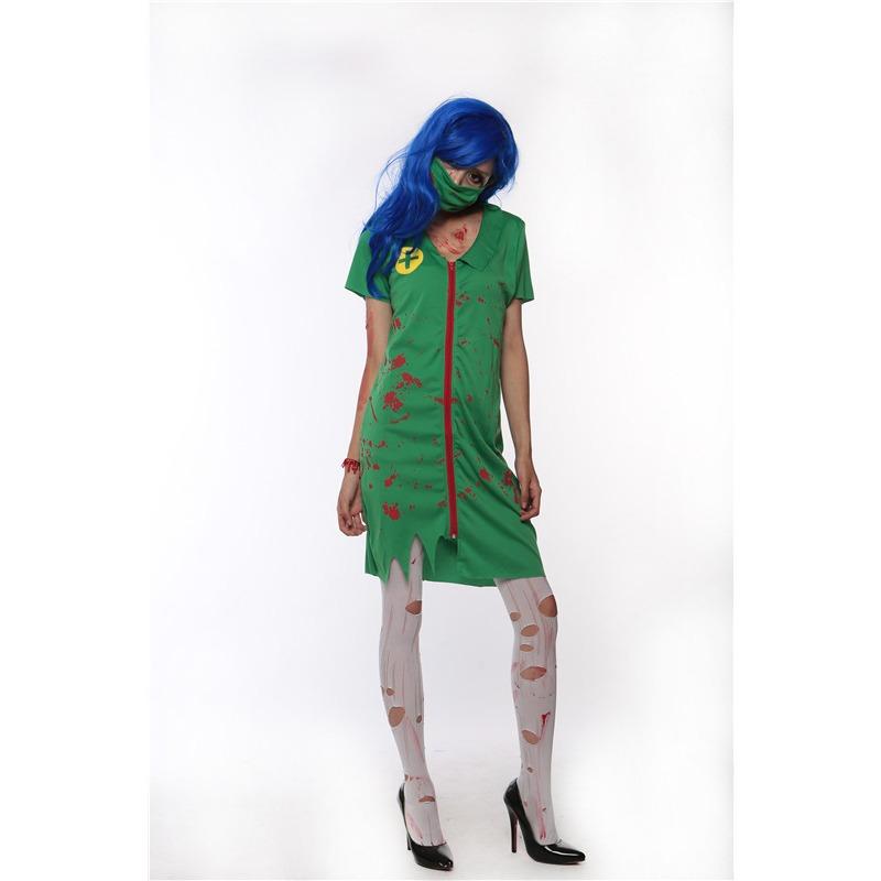 

Костюм на Хэллоуин Зеленый Ужас Запятнанный кровью Женская форма медсестры, Костюм для вечеринки для сценического выступления медсестры-зомби M