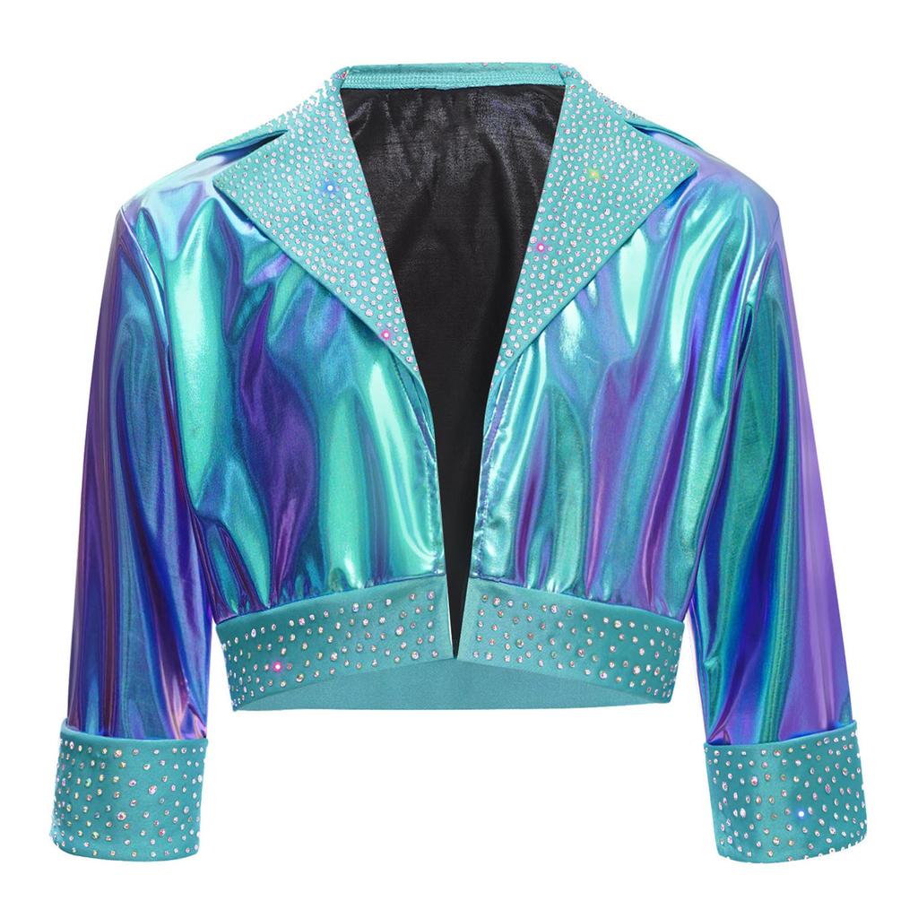 Mädchen Reverskragen Langarm Glänzende Strasssteine Metallische Jacke Jazz Dance Oberbekleidung