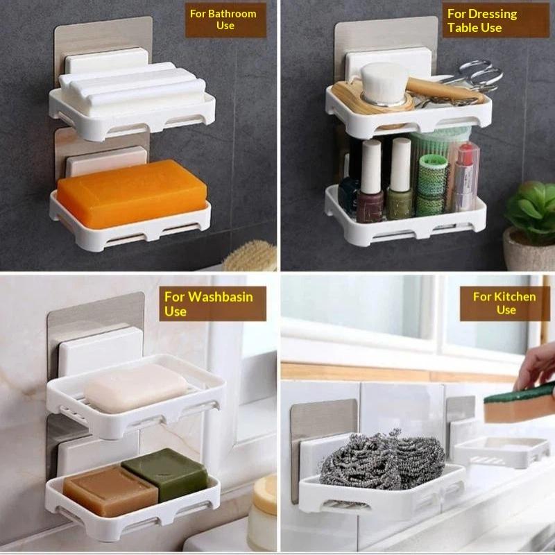 Self Adhesive Wall Mounted Soap Dish Holder With Drainage No Drilling For Bathroom Kitchen Sink