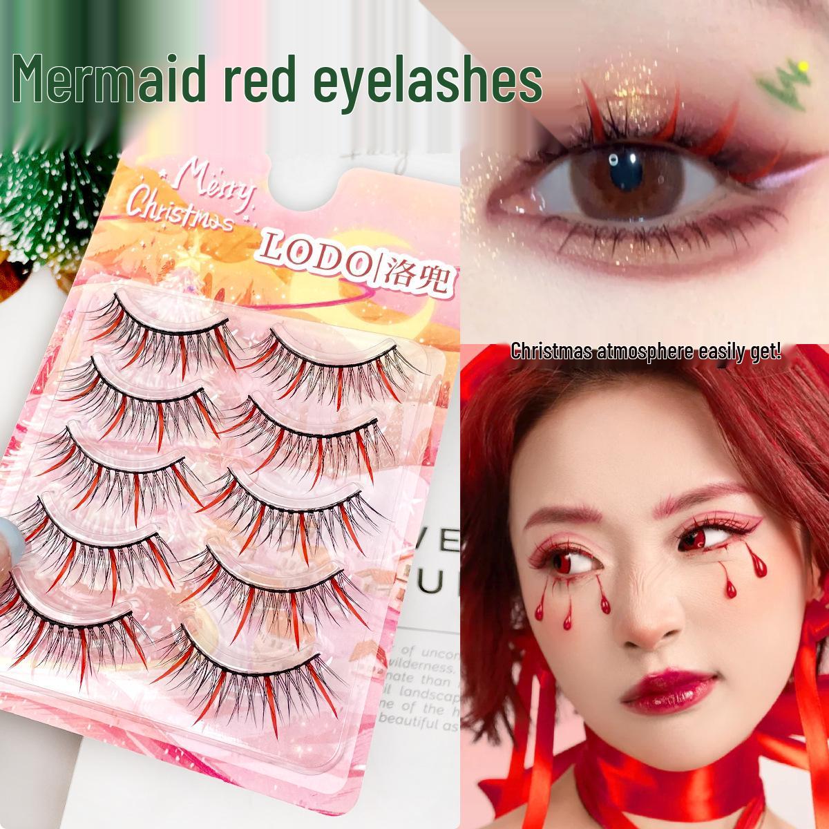 

Luo Dou Colorful Mermaid Elf New Year Red Faux Eyelashes for Comic Cosplay, Black Stem, One-Piece