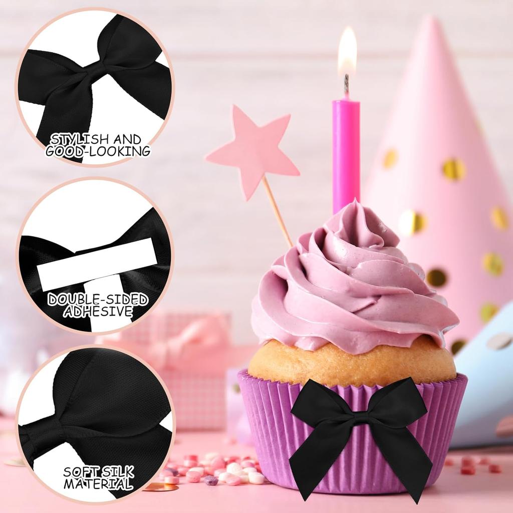 Satin Ribbon Black Bow Decor 2." Self Adhesive Premade Bows for Gift Wrapping Black Mini Bow for Treat Bags Party Favors Wedding Decorations - 50